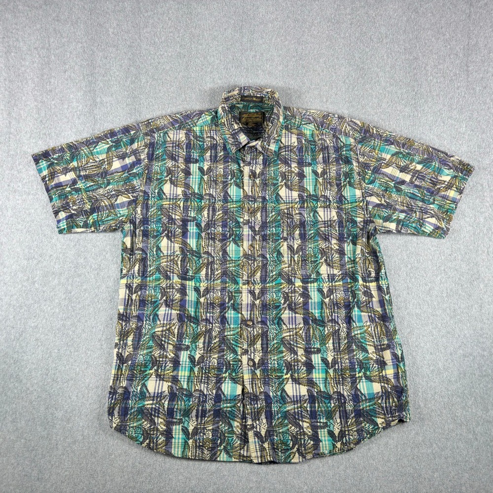 Vintage Eddie Bauer Superior Madras Shirt Mens Large Floral Plaid Short Sleeve - Picture 2 of 5